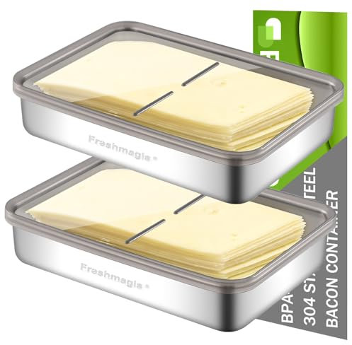 Freshmagis Aufschnittboxen für Kühlschrank Organizer mit Deckel, 2PCS 304 Edelstahl Behälter Käsebox Kühlschrank Boxen, Wurstbox Kühlschrank Aufbewahrungsboxen, Aufschnittdosen Stapelbar (1.2L)