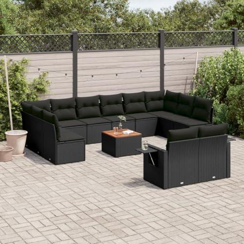QJBSAVVA 13-TLG. Garten-Sofagarnitur Schwarz Poly Rattan mit abnehmbaren Kissen, modulares Ecksofa & Lounge-Set mit Akazienholz-Tisch, platzsparend für Balkon, Terrasse und Garten