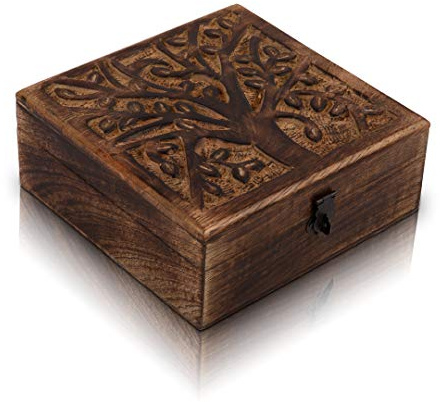 Great Birthday Gifts Handmade Decorative Wooden Jewelry Box With Tree Of Life Carving & Lock & Key Jewelry Organizer Keepsake Box Treasure Chest Trinket Holder Watch Box Storage Lock Box 6 x 6 Inches