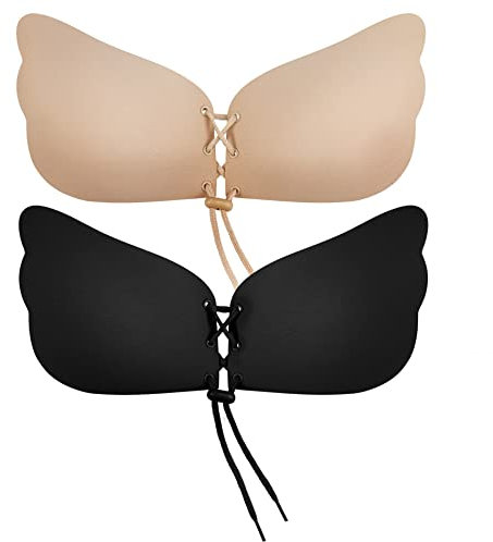 Bafully Invisible Adhesive Strapless Bra 2 Pack Sticky Push Up Silicone Bra with Drawstring for Women (2 Pack (Black & Nude), D)