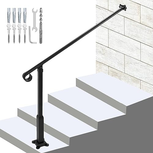 Step Handrail Fit 3-4 Steps Wall-to-Floor Mounted Wrought Iron Handrail Used on Porch Steps, Or Stairs Leading from The Garage into The House