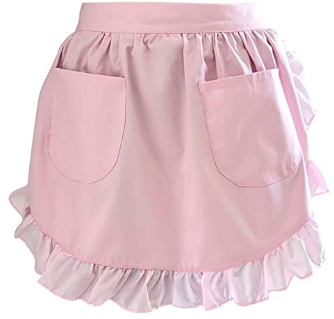 Women’s Waist Aprons with White Pockets Half Server Home Waitress Vintage Servant Apron for Kitchen Cooking (Pink)