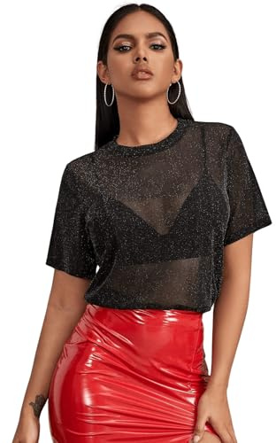 GORGLITTER Nättoppar damer, genomskinliga nättoppar, festivaltopp, glittertopp för outfit, fest, t-shirt, svart, XS