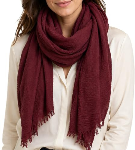 HeiDmai Unisex Cotton Blend Crinkle Vintage Soft Scarf with Fringed Edges 35 × 70 (Burgundy Red)