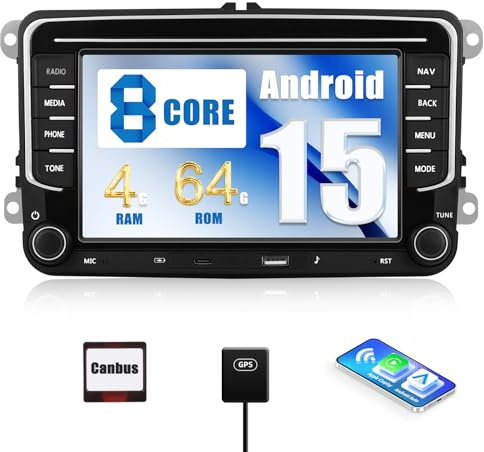 CAMECHO 4GB+64GB 8 Core Android 15 Autoradio für VW Golf 5 Polo Skoda mit Navi Carplay Android Auto, VW Golf Doppel Din Radio mit 7 Zoll Bildschirm,Mirror Link RDS/FM Bluetooth 5.0/DSP/USB/Type-C
