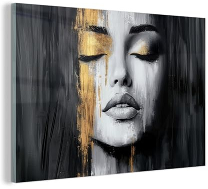 MuchoWow© Glasbild Wall Art Decoration Bilder für die Wand Schlafzimmer | 120x80 cm - Deko Canvas Painting Wanddekoration Wohnzimmer Gesicht - Frau - Pinselstriche - Abstrakt