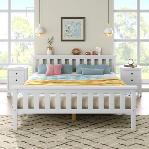 Yizom Doppelbett Holzbett 140 x 200 cm Massivholzbett mit Lattenrosten, Kieferbett für Erwachsene, Kinder, Jugendliche, weiß (140X200)