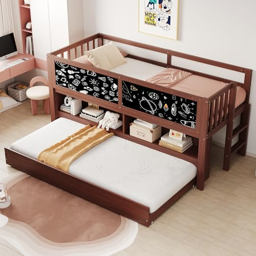 Arhatreya Letto a soppalco 90 x 200 cm, letto con letto estraibile, letto a soppalco con scaletta, letto in legno con lavagna graffiti, struttura del letto con rete a doghe, letto per bambini e