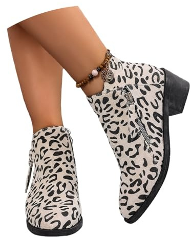 Retro Korta Stövlar Med Låg Klack Plus Size Ankelboots for Kvinnor Eleganta Chelsea-ankelstövlar Mockastövlar Med Leopardmönster Kvinnor Ankelskor for Utomhusbruk, Fest(White,38 EU)