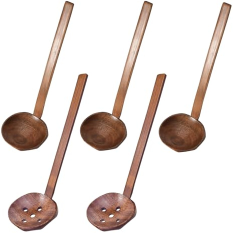 5 Pcs Ramen Spoon Set, Large Wooden Spoon for Soup and Noodles, Long Wooden Spoon for Hot Pot and Cooking, Japanese Style Wooden Spoons with Durable Construction