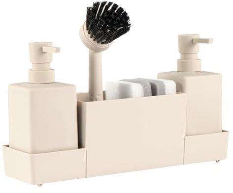 GREENSAPPIRE Kitchen Soap Dispenser Set, Washing Up Liquid Dispenser with Sponge Caddy & Brush Holder, 4-in-1 Dish Soap Dispenser for Kitchen Sink, Countertop Organiser (Beige)
