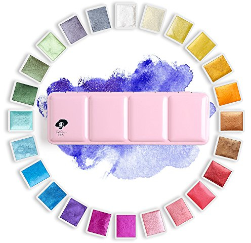 Paul Rubens Künstler-Aquarellfarben – Metallic-Glitzer-Vollfarben – Rosa tragbarer Metallkoffer mit Palette – 24-Farben-Set, funkelnde Aquarellfarben