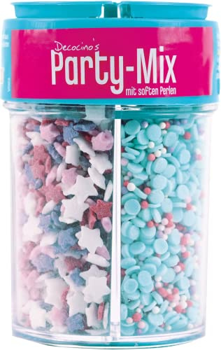 Decocino Streusel-Mix „Party-Mix“ – Zucker-Perlen, Streu-Dekor, Konfett, – Torten-Deko, Kuchen-Deko, Muffin-Deko – Streusel-Deko für Fondant, Zuckerwatte, Cake Pops, 95 g