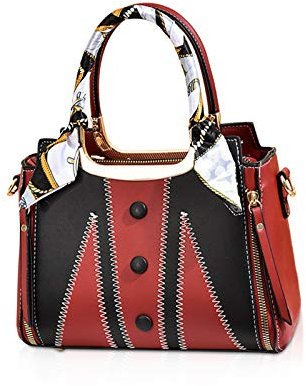 NICOLE & DORIS Mehrfarbige Handtasche für Damen Umhängetasche mit Seidenschalgriff Fashion Hobo Tasche Elegant Schultertasche PU Leder Satchel rot schwarz
