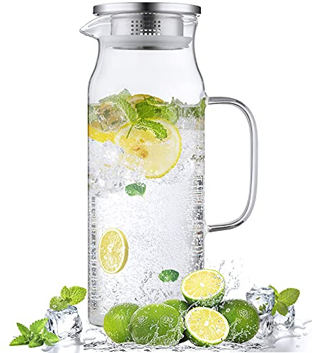 Bivvclaz 1.6 Liter 54 oz Glass Pitcher with Lid and Handle, Glass Carafe Water Pitcher for Hot/Cold Water, Iced Tea, Drinks, Coffee, Juice and Homemade Beverage
