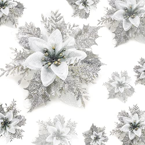 24 Stücke Weihnachten Funkeln Weihnachtsstern Blumen mit Clips Künstliche Weihnachten Blumen Glitzer Weihnachtsblume Hochzeit Weihnachtsbaum Weihnachtstürkranz Neujahr Ornamente