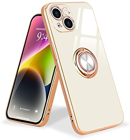 Urarssa Magnetic for iPhone 14 Case with Ring Holder Kickstand, White | 360 Degree with Rotation Magnet Car Mount Holder Slim Soft Silicone TPU Bumper Electroplated Edge Shockproof Phone Cover