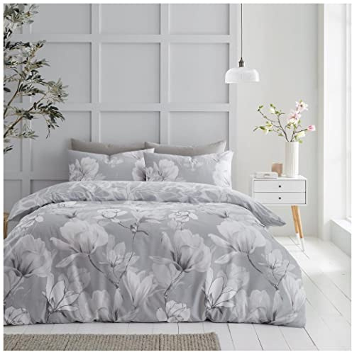 Lions Floral Bedding Set - 3 Piece Double Duvet Cover with Matching Pillowcase, Soft Flowers Printed Reversible Poly Cotton Quilt Covers, Double Bed, Grey 200x200cm