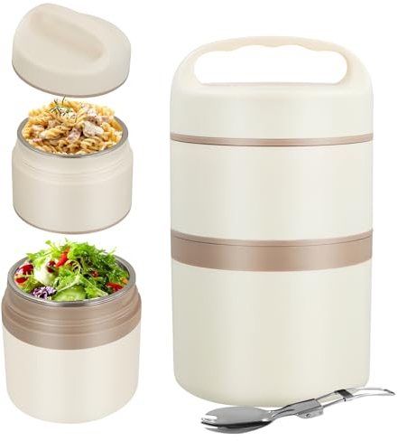 Joghurtbecher Müslibecher to go 1.8L - 2-lagige Essen Thermobehälter Edelstahl für Kinder und Erwachsene - Auslaufsicherer Porridgebecher Lunchpot mit Griff für Schule, Picknick, Reise, Arbeit