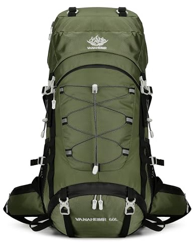 Zaino da viaggio da 60 l, per escursionismo, campeggio, con copertura antipioggia, impermeabile, zaino da arrampicata per uomo e donna, Verde scuro., Taglia unica