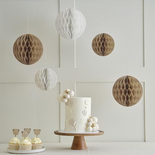 Ginger Ray Neutral Ivory and Light Brown Hanging Honeycombs Baby Shower Decoration 5 Pack