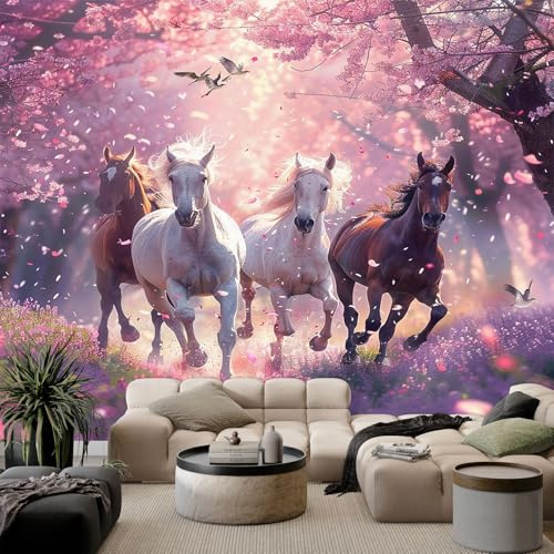 Papier Peint Panoramique Chevaux Galopant sous Cerisiers Fleurs Poster Mural, Rose Violet Papier Peint Intissé pour Salon Chambre Bureau Canapé TV Fond Décoration Fantaisie Romantique - 200x140