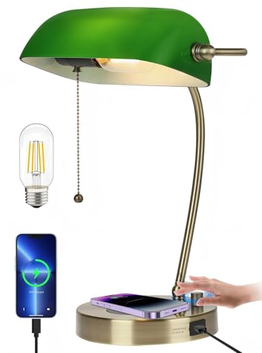 Newrays Green Glass Bankers Desk Lamp with Wireless Charger, USB Charging Port for Home Office,Stepless Dimmable Table Lamp Plug in Fixture,LED Bulb Included