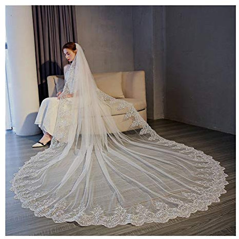 KXQYIKYI Brautschleier, Hochzeitsschleier, 3 Meter Langer Brautschleier mit Spitzenrand und Kamm, Hochzeitszubehör, wunderschöner Brauttüll (Farbe: Weiß, Artikellänge: 500 cm)