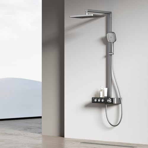 EMKE Colonne de douche Thermostat,Anthracite Mat,Régulation du débit | douche à effet pluie de 36x24 cm, douchette à main avec 3 jets, barre de douche et flexible,Installation facile