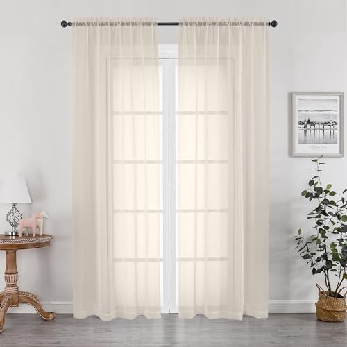 OWENIE Cream Sheer Curtains 84 inches Long 2 Panels Set for Bedroom Living Room, Soft Solid Living Room Sheer Curtain, Rod Pocket Light Filtering Curtains, 2 Pcs Each 42“ W x 84 L,Cream