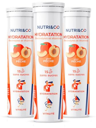 NUTRI & CO Électrolytes Hydratation - 5 Minéraux 4 Vitamines - Sans Sucre ni Édulcorant - Haute Absorption - Goût Naturel Pêche - Lot de 3 tubes - 45 comprimés effervescents Vegan Fabriqué en France