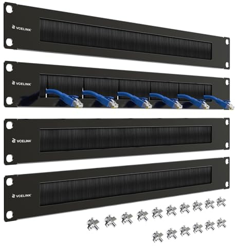 VCELINK (4-Pack) 1U Brush Rack Cable Management, 19-inch Metal Brush Patch Panel for Server Rack or Network Cabinet, Black