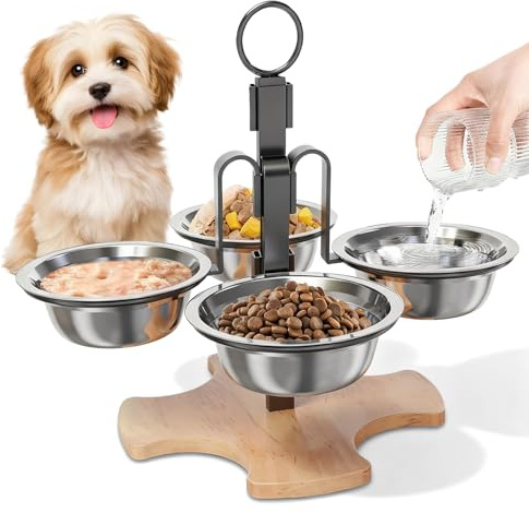 Hundenapf Erhöht Mit Ständer, Katzennapf Erhöht, Höheinstellbar Katzennäpfe Mit 4X Ø14 cm Edelstahlschüssel, Rutschfester Boden, Erhöhte Katzennäpfe Für Katzen Und Kleine Mittelgroße Hunde