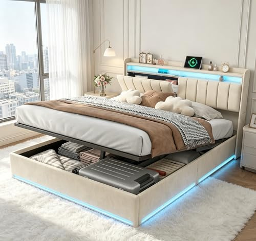 QMTXBYJ Polsterbett Doppelbett 140x200 mit LED-Beleuchtung und Aufladen USB,Jugendbett Betten mit Stauraum Kopfteil und Lattenrost,Stauraumbett 140x200 mit Hydraulisch,Samt,Beige