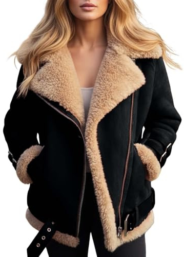 Generisch Lederjacke Damen, Winterjacke Damen Gefüttert Lederjacke Innenfutter Fellkragen Wildlederjacke Winddicht Revers Wintermantel Innen Fell Fleece Motorrad Vintage Teddyjacke