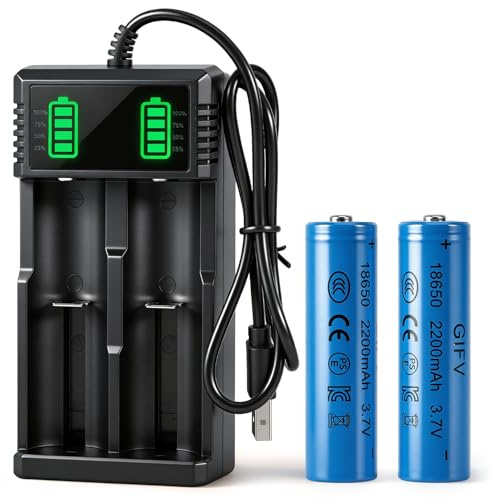 YUFFQOPC 18650 Ladegerät, 18650 Batterieladegerät mit 2 Pack 3,7V 2200mAh Akku NiMH, Universal Akkuladegerät mit 2 Schacht für 3,7V 18650/26650 Li-Ion Akku und 1,2V NI-MH/NI-CD/AA/AAA, mit USB Kabel