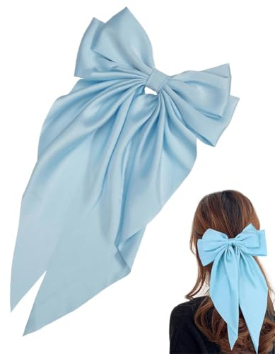 UZEXYO Blue Hair Bow with Long Ribbon Satin Silky Bows for Women Girls Elegant Hair Clip Accessory