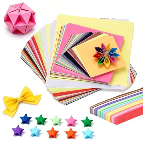 840 Blatt Origami Papier Set 20 Farben 10cm/15cm/20cm Doppelseitig Bunt Faltpapier und Origami Sterne Papierstreifen für Party Handgemachte DIY Bastelprojekte