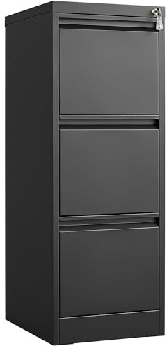 Lidzopas 3 Drawer Filing Cabinet, Metal Vertical File Cabinet with Lock, Heavy Duty Lockable Office Storage Unit with Adjustable Rails for A4/Letter/Legal, Black