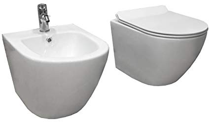 Coppia Sanitari Sospesi Rimless senza brida linea tonda dimensioni ridotte coprivaso soft-close