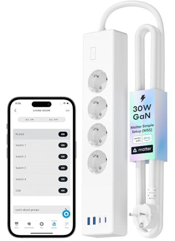 Meross Regletas Enchufes Inteligente Alargador Enchufe GaN USB C 30W, Compatible con Alexa, Matter, Apple HomeKit y Google, 4 Enchufes 2 USB-A 2 USB-C, con MSS 1.8m Cable