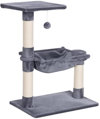 PawHut Kratzbaum 70 cm Kleiner Katzenturm, für kleine Katzen, Grau | Mit Plüschball, Sisalsäule, Große Plattform, Hängematte, Katzenkratzbaum, Kletterbaum