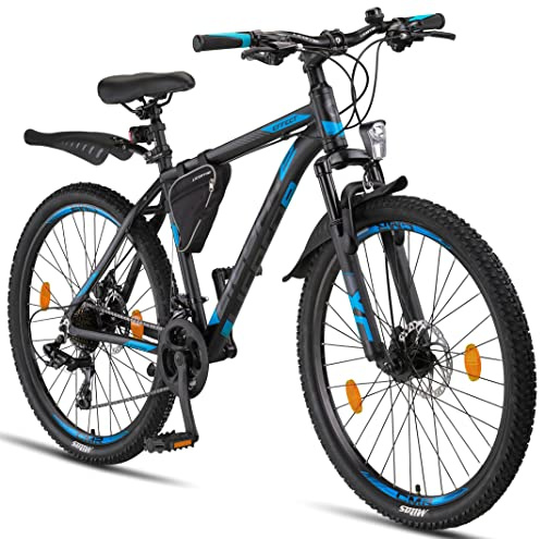 Licorne Bike Effect premium mountainbike, aluminium, skivbroms, cykel för pojkar, flickor, män och kvinnor – 21 växlar – herrcykel Svart/blå (2 x skivbroms) 66 cm