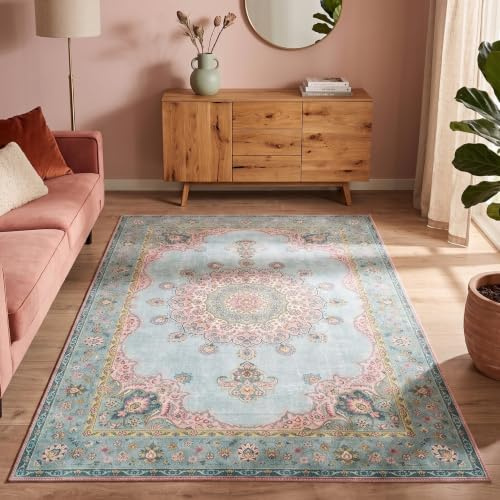 Vintage Teppich - Lily Medaillon Hellblau Türkis - 160x230 cm | Baumwolle, Polyester - Flachgewebe - Vintage - Klassik - Wohnzimmer, Esszimmer, Schlafzimmer