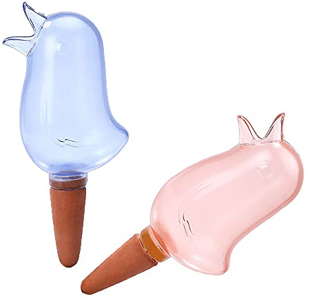 Lot de 2 bulbes d'arrosage pour plantes, piquets transparents en forme d'oiseau, arroseur automatique pour plantes, fleurs de vacances, lot de 2, bleu + rouge