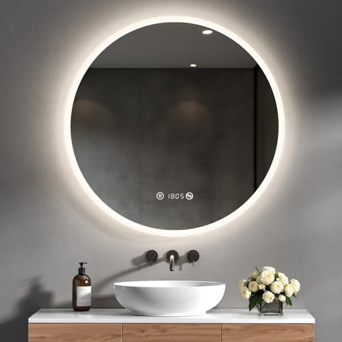 Heilmetz Badspiegel mit Beleuchtung Rund 80cm, LED Badezimmerspiegel mit Uhr, Antibeschlag, Touch, 4300K Warmweiß Licht, Spiegel mit Beleuchtung für Bad