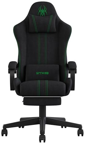 SITMOD Gaming Stuhl Stoff mit Fußstütze Kopfstütze, Ergonomischer Bürostuhl Gaming Sessel, Federsitzkissen, Groß und Hoch 360° Drehbarer Höhenverstellbarer Schreibtischstuhl, Schwarz