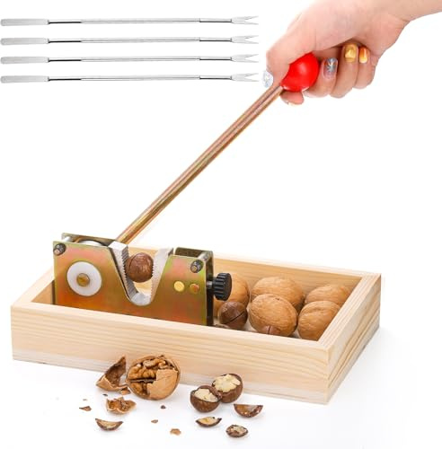 Pumtus Manual Nutcracker, Heavy Duty Nut Tongs with 4 Forks & Wooden Base, Adjustable Macadamia Nut Opener Tool, Walnut Pecan Sheller Machine, Nut Peeling Machine for Chestnut Hazelnut Almonds
