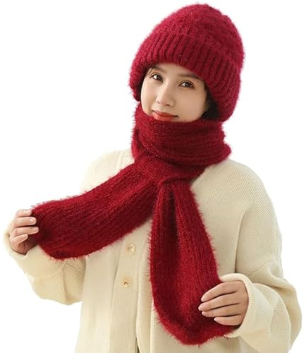 TBLMPNE Damen Winterschal mit integriertem Ohrenschutz und Windschutz, Schals für Damen, Elastische Warme Verbundenen Ohrenschutz Strickmütze (Rotwein)
