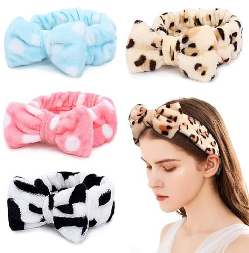 CATOR 4 Stück haarband kosmetik, Kosmetik Haarband Spa Bowknot Haarbänder Spa Gesicht Stirnband für Damen Elastisch Korallenvlies Haarband Schminken für Gesicht Waschen Yoga